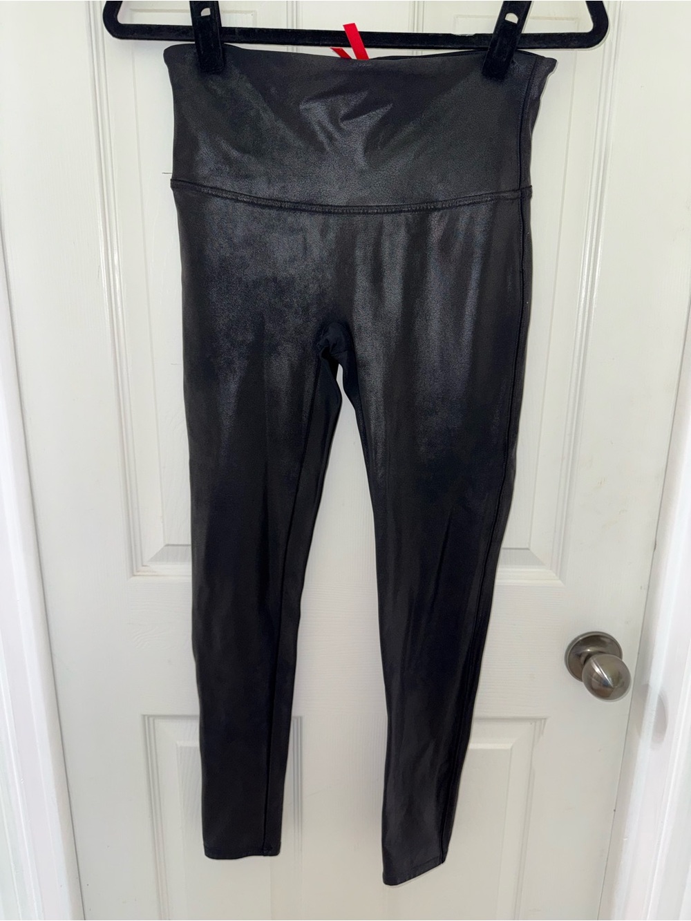 SPANX Black Leather-Look Leggings with Red Tag